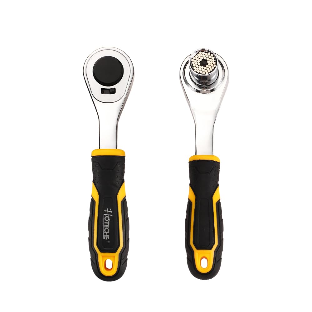 Hoteche Universal Ratchet Wrench 7-19 mm, Aluminium Alloy and CRV, Ergonomic Polypropylene + TPR Handle, Versatile Socket Wrench, Ideal for Car Industry, DIY Craft, Construction and More