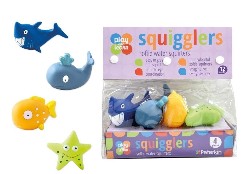 PETERKIN | Play & Learn – SQUIGGLERS – 4 softie water squirters | Pre-school Toys | Bath Toys | Ages 12m+