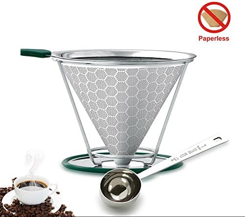 Pour Over Coffee Filter - Stainless Steel Paperless Coffee Dripper - Reusable Mesh Handmade Coffee Maker with Removable Cup Stand and Measuring Scoop, FDA Approved
