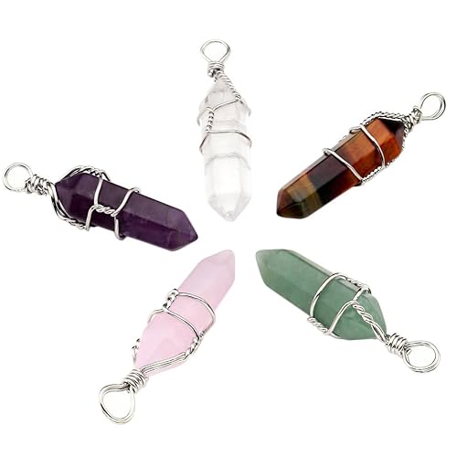 JOVIVI Edelstein Schmuck, 5X Natur Steine Damen Wire Wrap Hexagon Säulen Chakra Anhänger Pendant