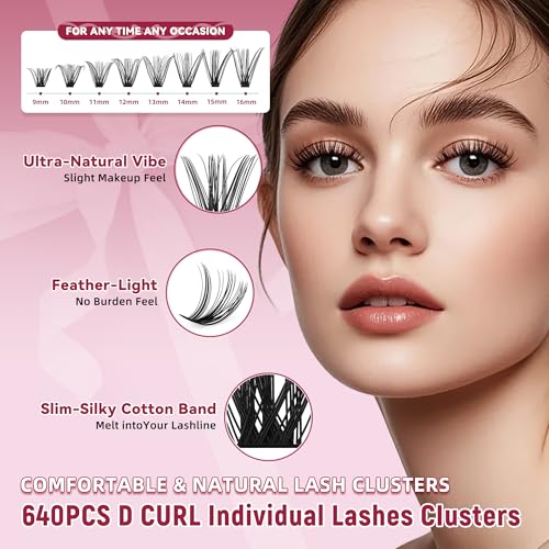 Mayhug Lash Clusters Kit, 640 Pcs Eyelashes Clusters Extensions 9-16mm Individual Lashes D Curl Fluffy Wispy False Eyelashes Thin Band, with Bond Seal Remover Tweezers Brush DIY (30D+40D Kit 9-16mm)
