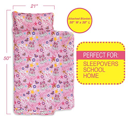 Kids Nap Mat with Removable Pillow - Soft, Lightweight Mats, Easy Clean Toddler Nap Pad for Preschool, Daycare, Kindergarten - Children Sleeping Bag (Pink with Princess Design) by Bambino Bliss - Thumbnail 2