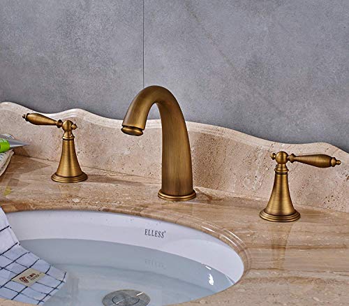 Senlesen Deck Mounted Widespread Three Holes Bathroom Sink Faucet Two Handles Basin Mixer Tap with Matching Pop Up Drain Antique Brass