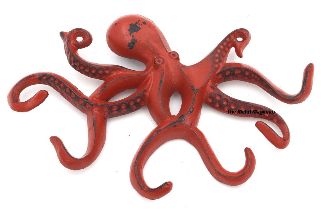 Octopus Keys Hook, Decorative Wall Mounted Nautical Wall Rack, Antique Key Holder Hook, Cast Aluminum Hanger for Coat, Hand Towel, Bathrobe, Jacket, Bedroom, Bathroom & Kitchen (Distressed Red)