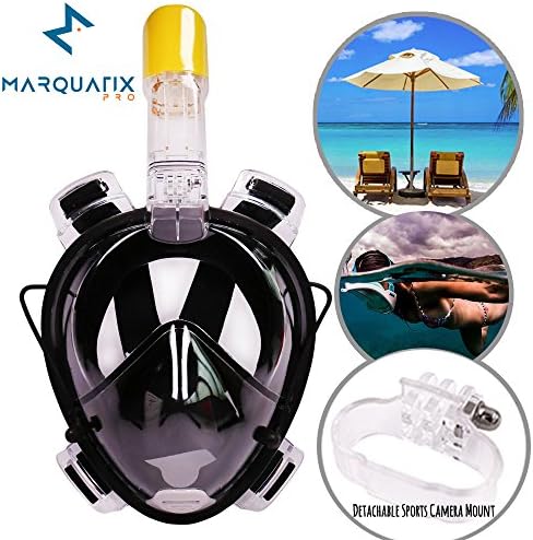 Marquatix Pro Full Face Snorkel Mask for GoPro Panoramic Design. 180 Degree View Anti-Fog Anti-Leak Tubeless Technology Prevents Gag Reflex with Built-in Ear Plugs (Black, L/XL)