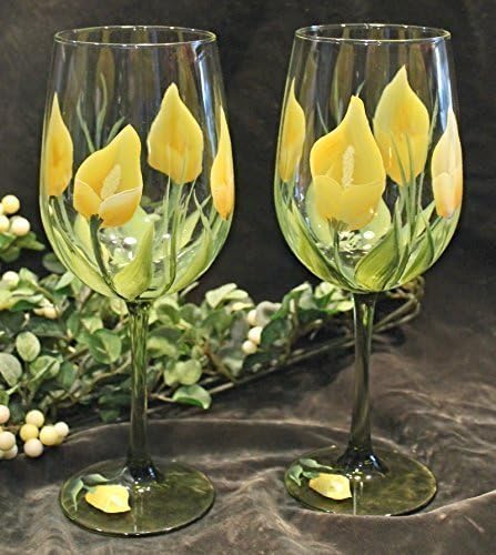 Hand Painted Wine Glasses (Set of 2) - Yellow Calla Lily with Green Stems