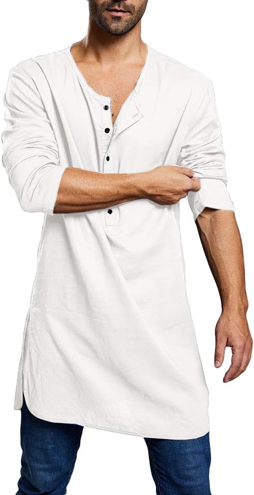 Mens Henley T Shirt Cotton Linen Nightshirt Long Sleeve Gown Islamic Muslim Robe Thobe Ethic Kaftan Summer Casual Shirts Tops