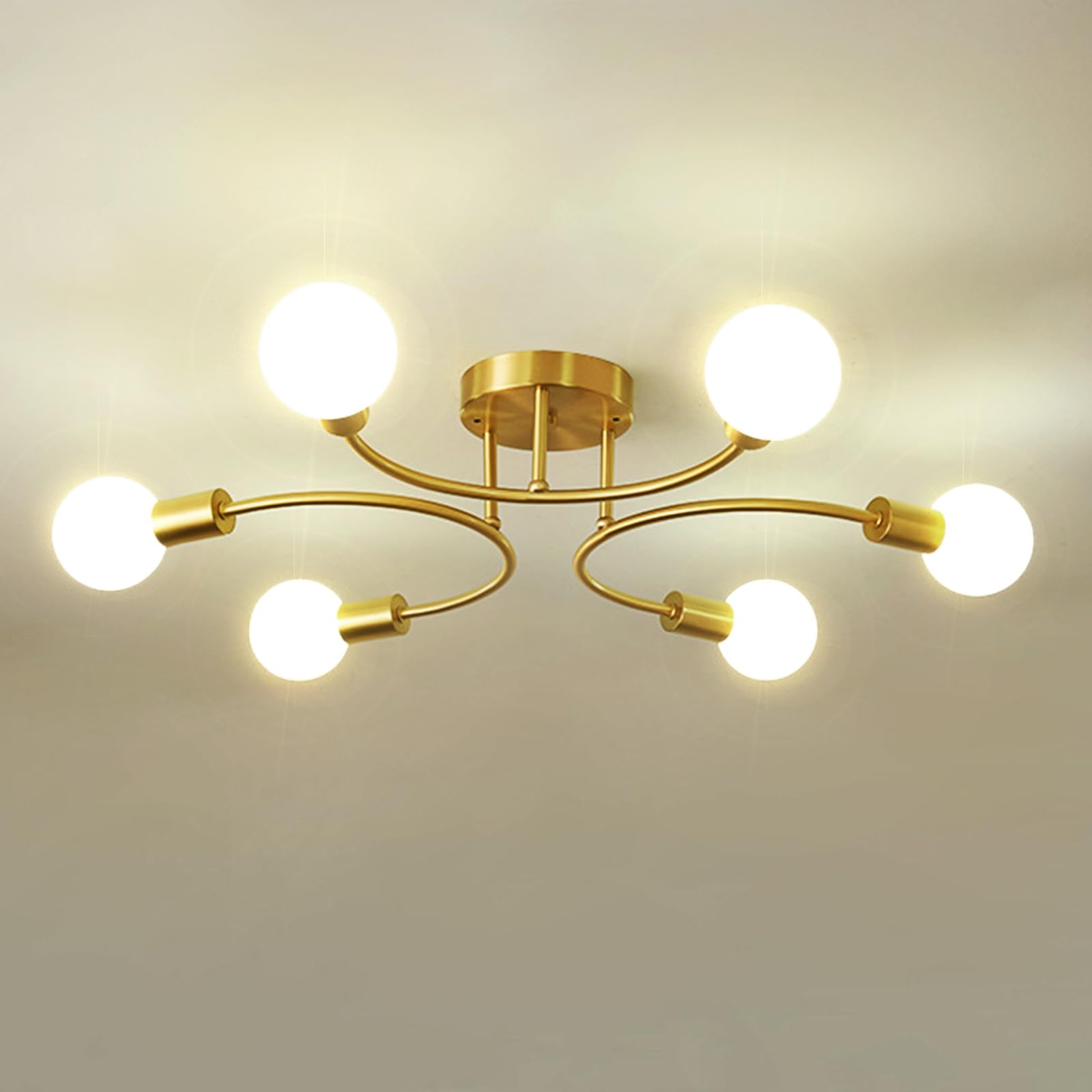 niuniaj 6-Light Gold Sputnik Chandelier,Mid Century Modern Semi-Flush Mount Ceiling Light Fixture,E27 Base Industrial Lighting for Kitchen, Dining Room, Living Room,Hallway (Bulbs Not Included)