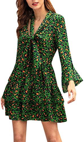 Mnyycxen Women Mini Skirt Maxi Dress Fashion Casual Leopard Print Boho Evening Party Holiday Long Sleeve Party Dress Green