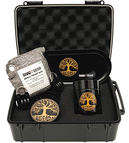 Tree of Life Stash Box Combo - Smell Proof Stash Box Combo - Locking Stash Box Combo - Comes with Grinder Stash Jar and Rolling Tray - (Tree of Life)