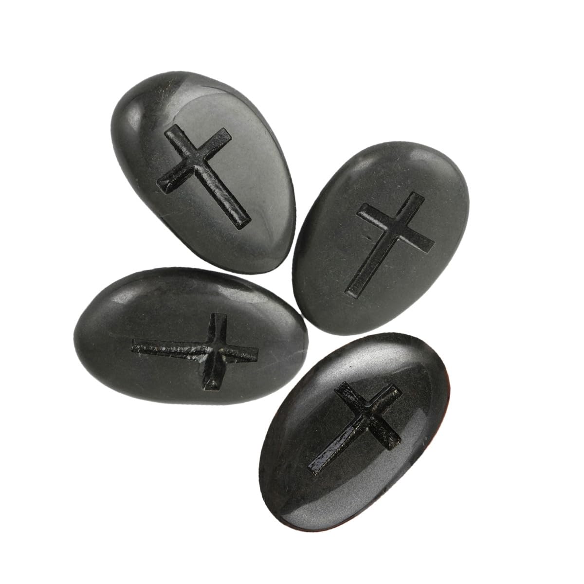 mookaitedecor 4pcs Small Natural Black Stones Engraved with Cross Pocket Gratitude Stones Christian Gift, Small Inspirational Stones Cross Ornament for Home Pet Grave Stone Ornament Memorial Stones