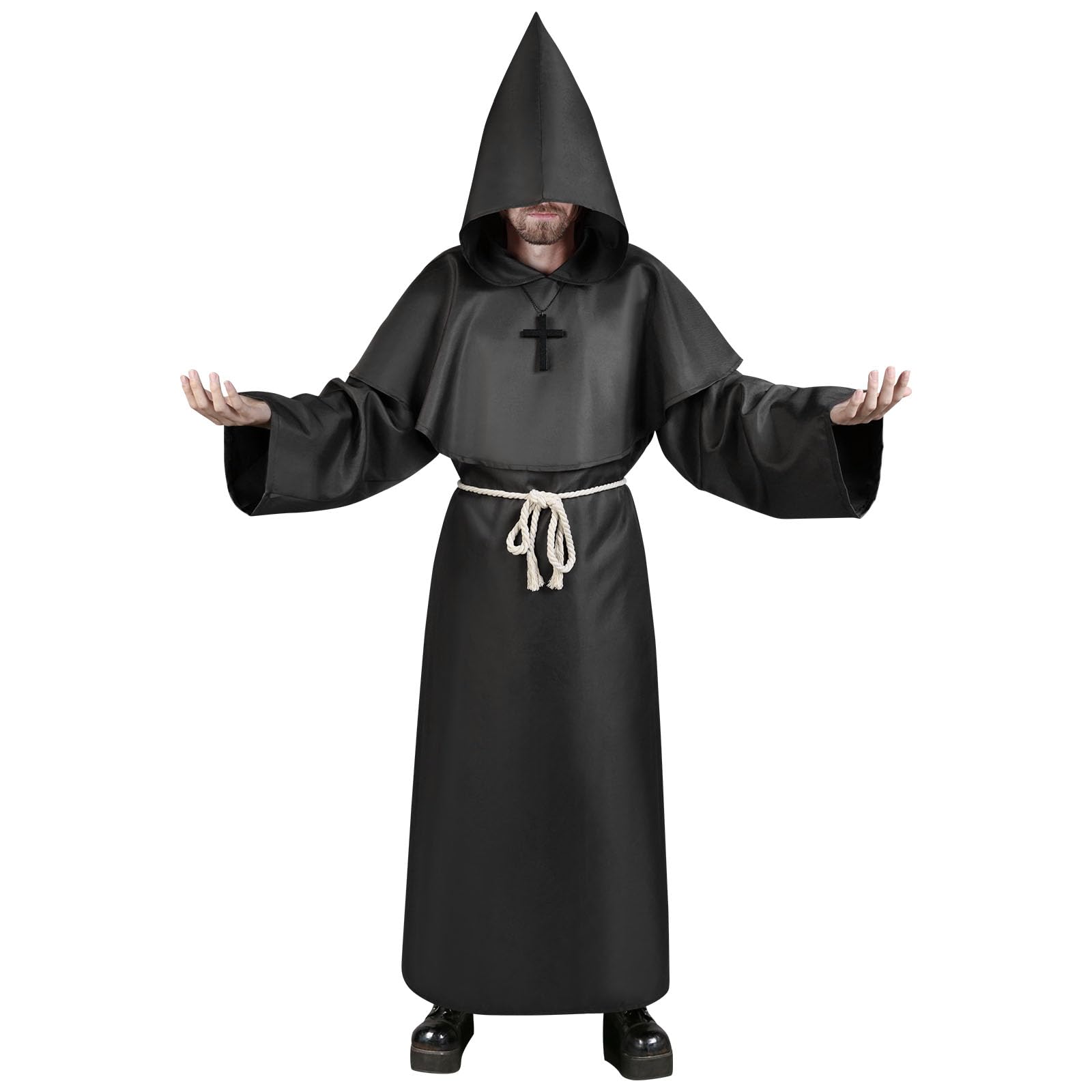 Aomig Monk Costume, 4 Pcs Medieval Friar Hooded Monk Cape Renaissance Wizard for Adult Women Men, Pastor Outfit Priest Robe Costume Halloween Fancy Dress Christmas Party Cosplay Costume (XL, Black)