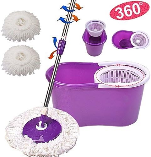 360° Easy Clean Floor Mop Bucket 2 Heads Microfiber Spin Rotating Head, The spinning mop pole will dry the mop head quick and efficiently so you can continue cleaning. (Purple)