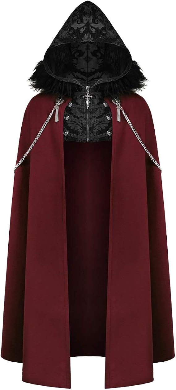 Devil Fashion Mens Gothic Hooded Cloak Cape Coat Red Black Jacquard