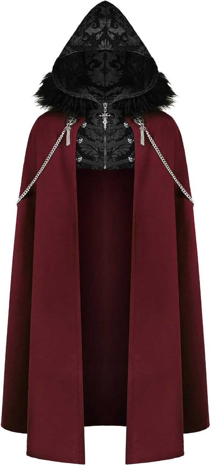 Devil Fashion Mens Gothic Hooded Cloak Cape Coat Red Black Jacquard