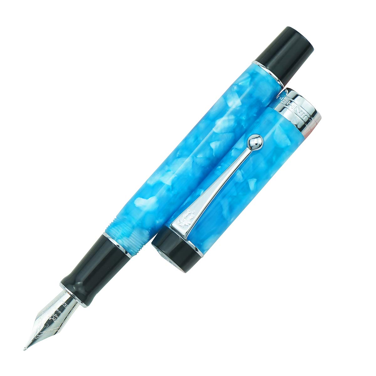 Jinhao 100 Series Fountain Pen, Fine Nib Ice Blue Colour Resin Barrel Silver Trim with Metal Pen Case