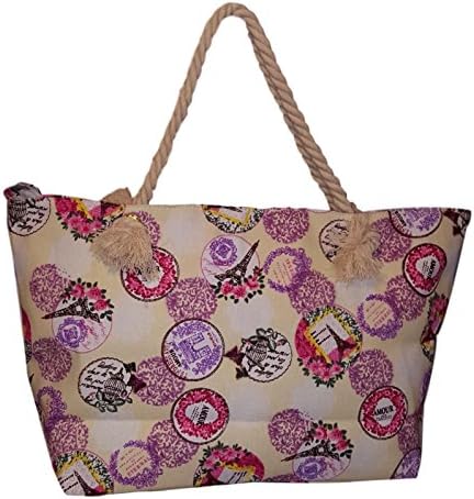 Amour Paris Print Large Zipper Top Tote Bag (Cream)