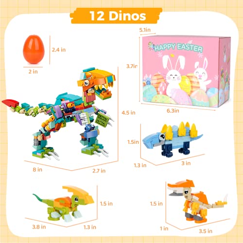 Tideme 12Pcs Prefilled Easter Eggs, Easter Baskets Stuffers with Dinosaurs Building Blocks, Dinosaur Surprise Egg Toys for Kids Easter Egg Hunt, Easter Party Favors, Classroom Event Prizes