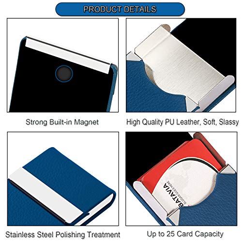 Business Card Holder Case - JuneLsy Professional PU Leather Business Card Case Metal Name Card Holder Pocket Business Card Carrier for Men & Women with Magnetic Shut (Blue-y) - Thumbnail 2