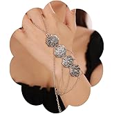 Wiwpar Vintage Bohemian Finger Ring Bracelet Adjustable Slave Tassel Chain Bracelet Boho Multi Chain Coin Hand Jewelry Gifts for Women Wedding Party