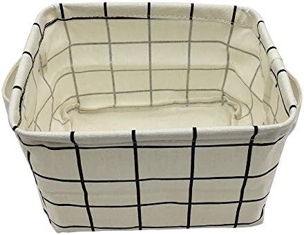 Small Storage Basket with Handles, Cotton Fabric Foldable Storage Organizer Bins for Nursery Kids Room Shelves &amp; Desks (White Plaid)