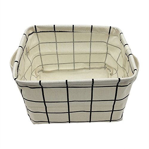 Small Storage Basket with Handles, Cotton Fabric Foldable Storage Organizer Bins for Nursery Kids Room Shelves &amp; Desks (White Plaid)