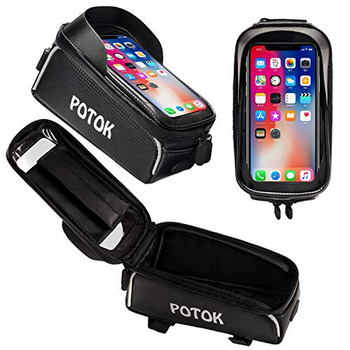 Potok Bicycle Phone Mount Bag, Waterproof Front Frame Bike Bags Sensitive Touch Screen Large Capacity Sun Visor Top Tube Bike Bag Compatible with iPhone Xs Max/ 8Plus, Galaxy Note 9