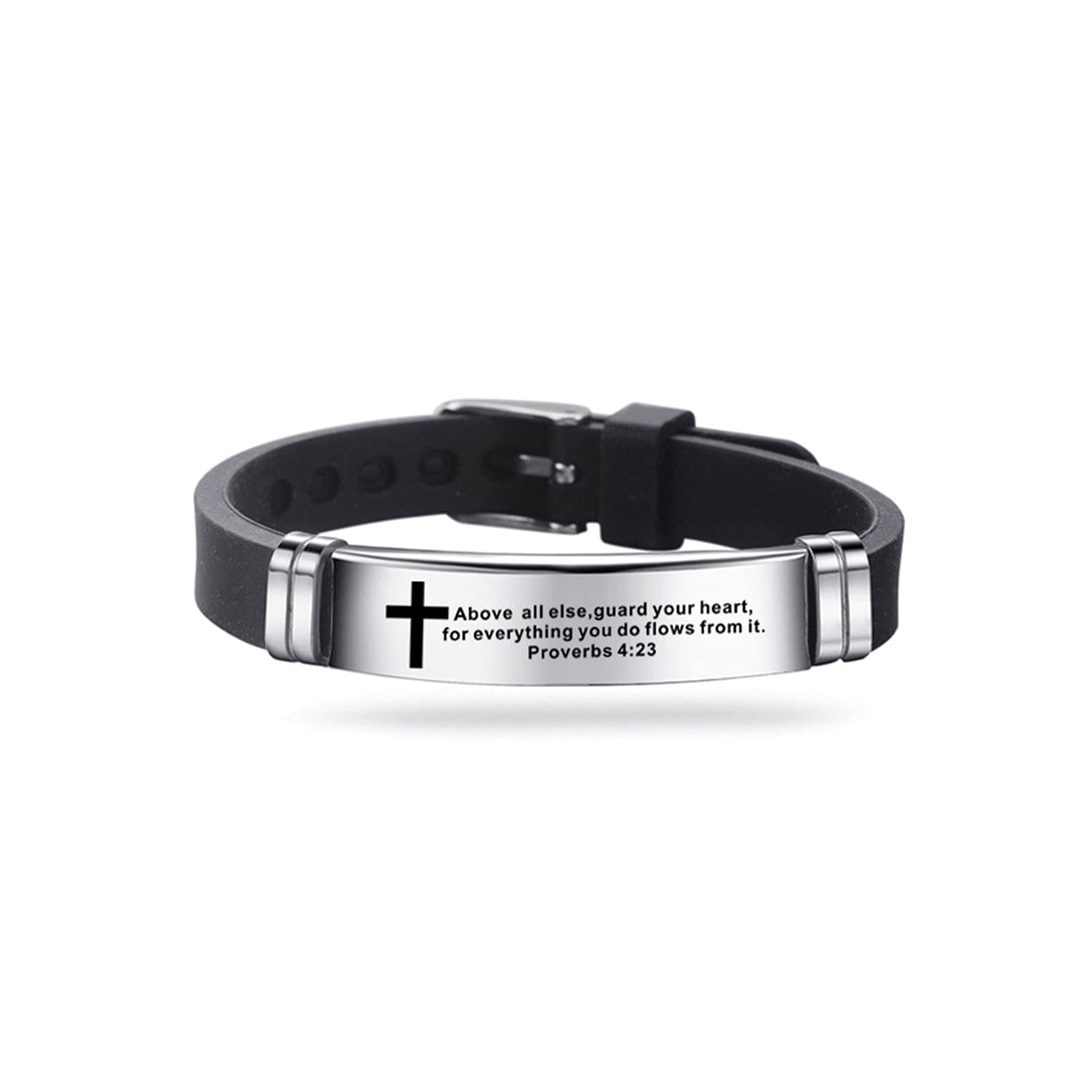 KunBead Jewelry Mens Cross Religious Christian Silicone Engraved Bracelet Wristbands with Scripture Quote Bible Verse