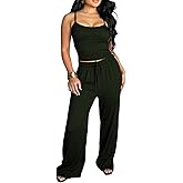Mrskoala Womens Summer Casual Sets Loose Two Piece Outfits Spaghetti Strap Top and Wide Leg Pants Set