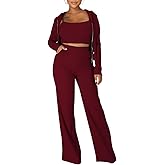 WUSENST 3 Piece Outfits for Women Ribbed Knit Hooded Cardigan Crop Top Wide Leg Palazzo Pant Set Workout Tracksuit