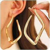 14K Gold Square Large Hoop Earrings for Women Unique Twisted Big Rectangle Drop Dangle Earring Trendy Oversized Bold Geometric Statement Jewelry