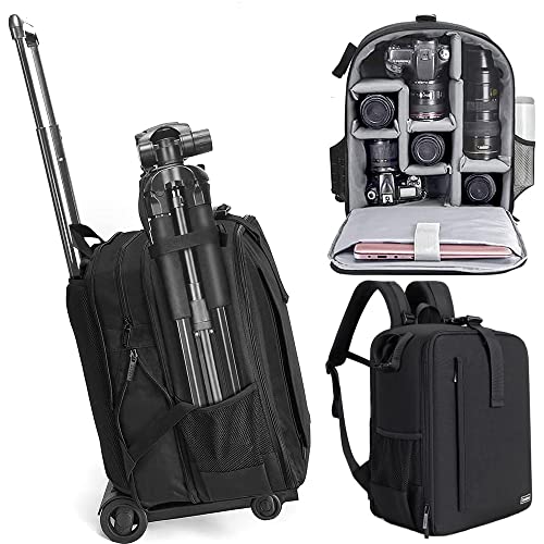 Cwatcun Camera Backpack Trolley Case Bag with Tripod Holder Anti-Theft Waterproof Camera Bag fits 15.6' Laptop for Canon Nikon Sony DSLR SLR Camera for Women Men Photographer