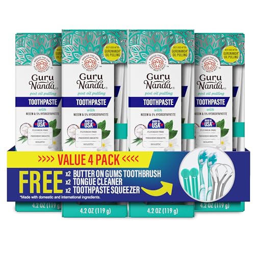 GuruNanda Hydroxyapatite Toothpaste for Whitening with Neem & Xylitol, SLS & Fluoride Free (4 Pack) - Freshens Breath, Fights Plaque - with 2 Toothbrushes, 2 Tongue Scrapers & 2 Tube Squeezers