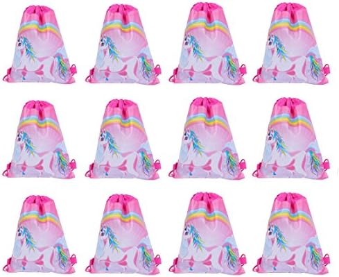 12 Pack Cute Unicorn Print Drawstring Bag for Kids Party Favors Supplies Backpack Gym
