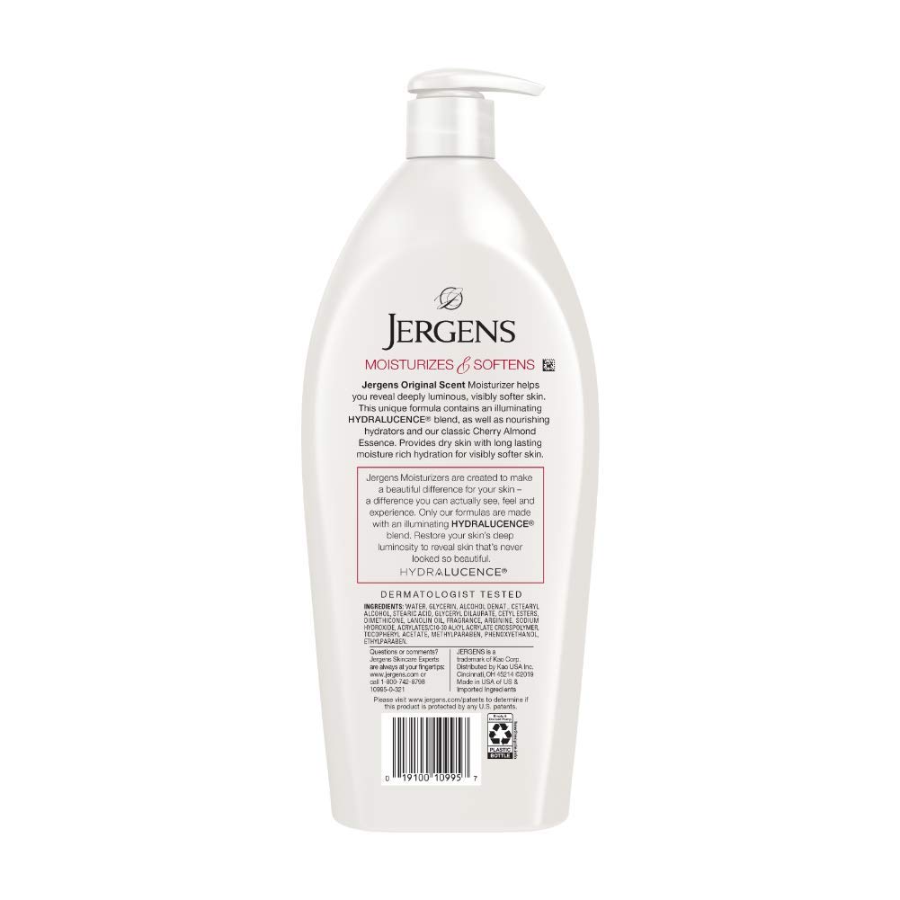Jergens Original Scent Dry Skin Moisturizer, 32 Ounce Body Lotion, with Hydralucence blend and Cherry Almond Essence, for Long Lasting Skin Hydration : Body Lotions : Beauty