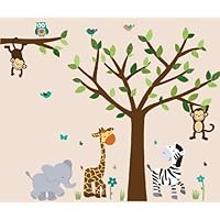 Safari Evergreen Jungle Tree Wall Decals, Jungle Stickers with Green Leaves and Vinyl Tree