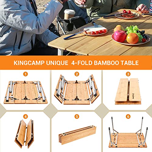 KingCamp Bamboo Folding Camping Table 4 Folds Lightweight with