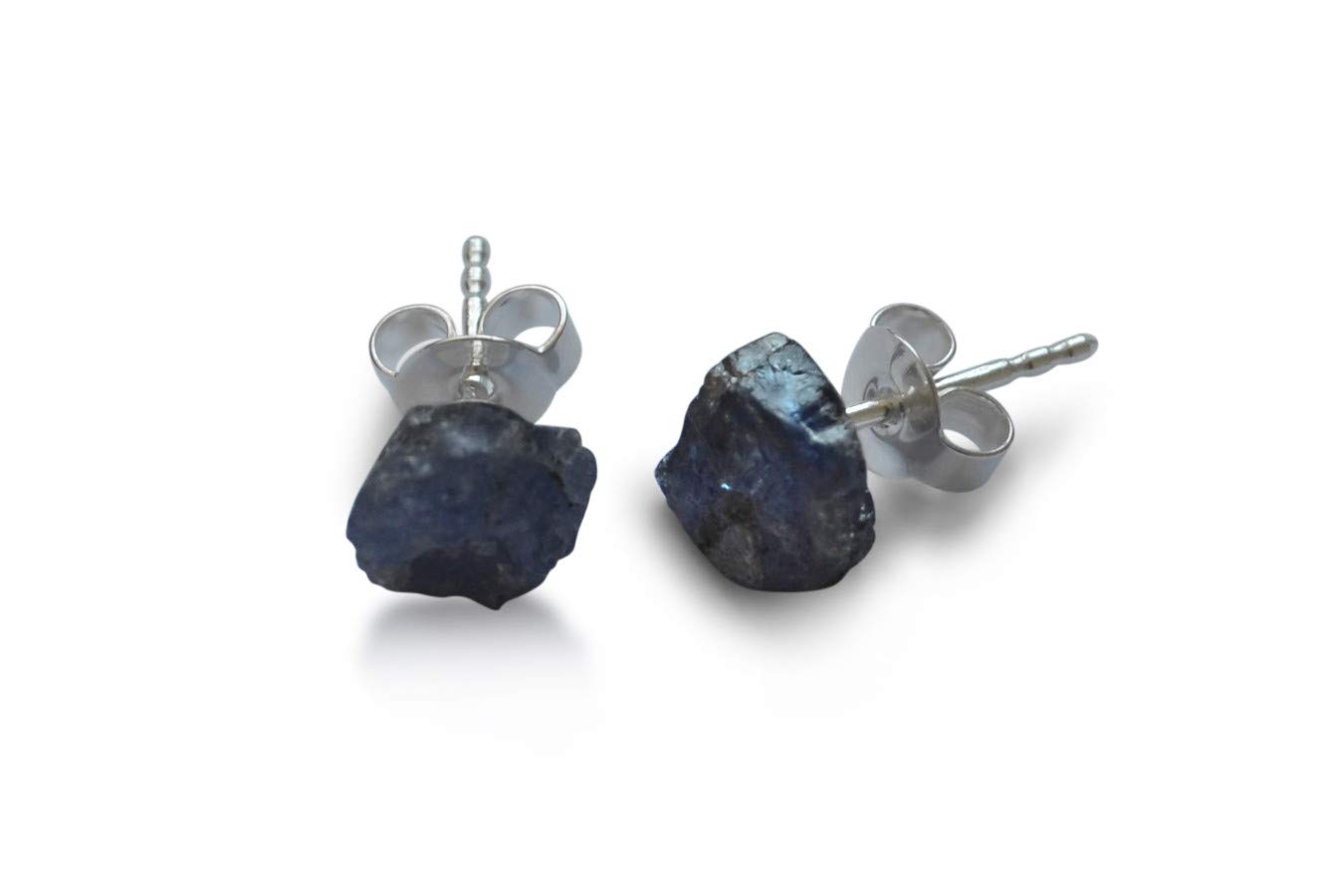 Sapphire stud earrings, natural, raw, 11-12 mm, 925 silver