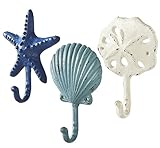 Blue White Shell Starfish Sand Dollar Wall Hooks Set of 3 Distressed Cast Iron