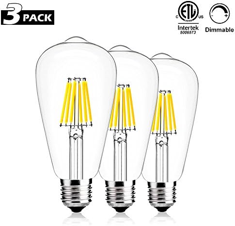 CREATE BRIGHT ST64 Dimmable Edison Style Vintage LED Filament Light Bulb,6W(60W Incandescent Equivalent), E26 Medium Base Lamp,520lm,6400K Daylight,360°Beam Angle,ETL Listed,Pack of 3