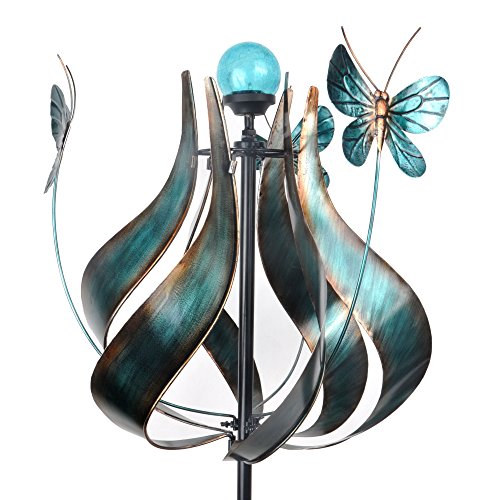 Peaktop Metallic Kinetic Tulip Windmill Garden Spinner with Butterflies, Teal
