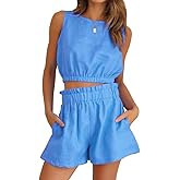 FANCYINN Women Summer 2 Piece Outfits Casual Crop Top Tank Sleeveless and Elastic Waist Pants Short Sets With Pocket