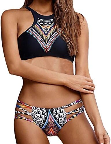 Sexy Bohemian Floral Halter Top and Bottom Bikini Set Swimwear On Beach Black ALarge Charming