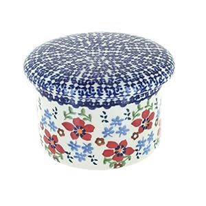Blue Rose Polish Pottery Red Poppy French Butter Dish