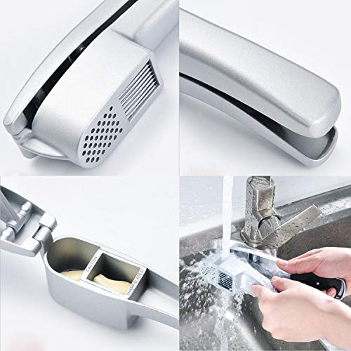 Garlic Press & Slicer - 2 in 1 Handheld Garlic Mincer Crusher Chopper Squeezer with Silicone Tube Peeler and Cleaning Brush Home Kitchen Gadgets, Bonus Vegetable Peeler