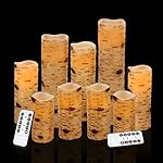 Flameless Candles With Brich Effect Battery Operated Candles 4" 5" 6" 7" 8" 9" Set of 9 Real Wax Pillar LED Candles Include 10-key Remote Control With Cycling 24 Hours Timer Antizer