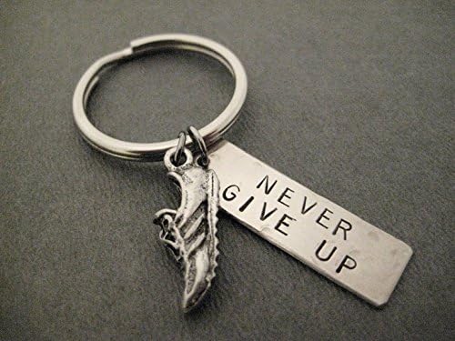 RUN and NEVER GIVE UP Key Chain/Bag Tag - Running Shoe Charm and Rectangle Nickel Silver Pendant on Stainless Steel Round Key Ring