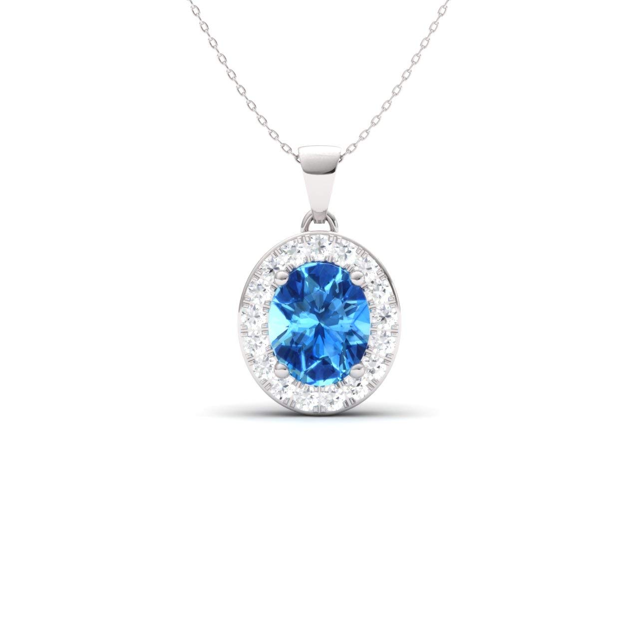 Diamondere Natural and Certified Oval Cut Blue Topaz and Diamond Halo Petite Necklace in 9ct White Gold | 0.52 Carat Pendant with Chain