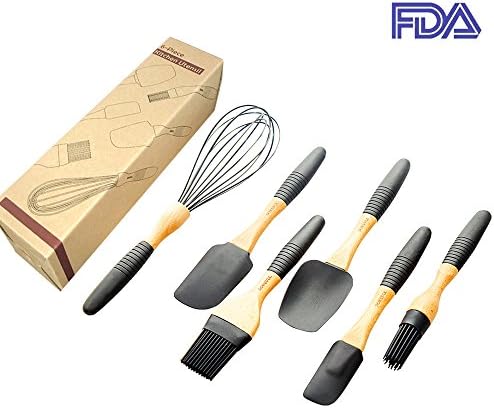 DOKEFUL Premium Silicone Cooking Utensil Set 6-Piece Essential Kitchen Utensils with Beechwood Handle, Heat Resistent Silicone Spatula Baking Set - Removable Design - Black