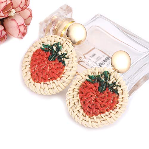 CEALXHENY Rattan Earrings Straw Wicker Braid Earrings Tropical Fruit Print Drop Dangle Earrings Handmade Statement Earrings for Women Girls (Strawberry)